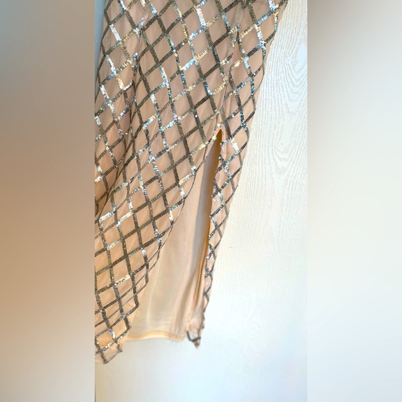 Boohoo Midi V Cut Neckline Thigh Split Sequin Cream Dress Women Petite Zero - Picture 5 of 14